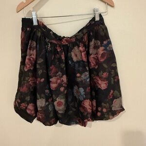 Anthropologie Black Floral Circle Skirt with Rose and Blue Blooms